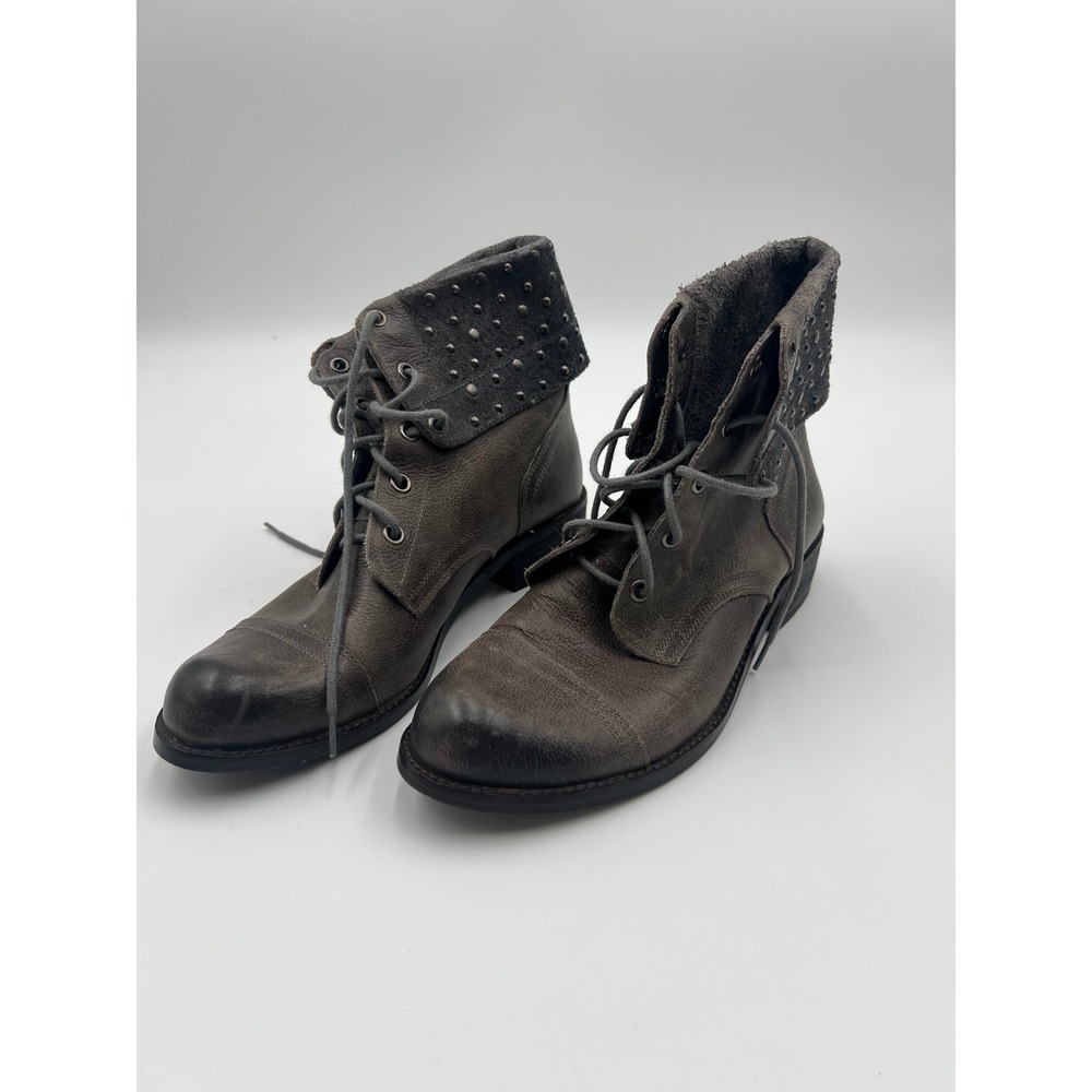 Gianni Bini Womens 8M Grey Leather Studded Fold Over Combat Boots Distressed